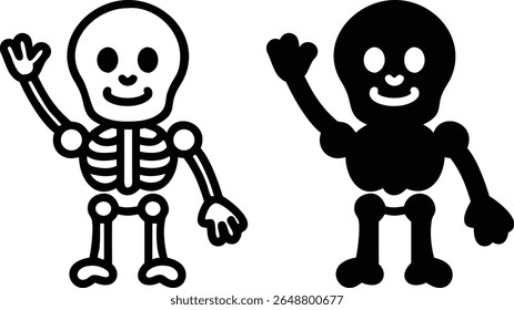 Waving Skeleton Icon Set, Cute Halloween Cartoon Bone Silhouette Vector Illustration