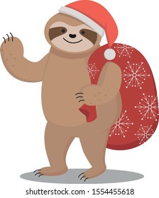 Waving sloth with a gift bag vector. Fluffy Christmas sloth with hat and bag illustration.