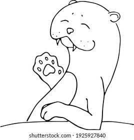 Waving smiling cute sea otter character, or aonyx cinerea or walrus sketch. Hand drawn vector image black on white background. Animals