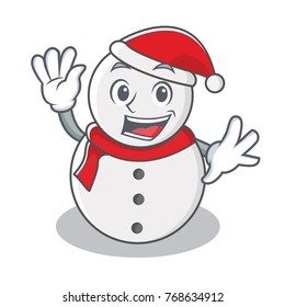 Waving snowman character cartoon style