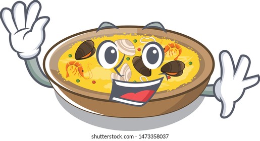 Waving spanish paella cooked in cartoon skillet