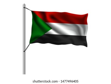 Waving Sudan flag on flagpole on isolated background, flag of Sudan, vector illustration