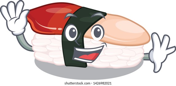 Waving sushi hokkigai cartoon on a plate