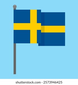 Waving Swedish flag on a gray flagpole. Vector illustration isolated on blue