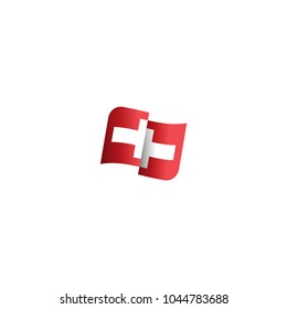 Waving swiss flag with white cross. Abstract Swiss flag ribbon logo white background. Red cross icon. Swiss flag vector icon.