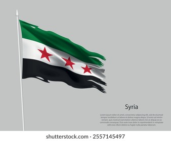 Waving Syrian flag featuring green, white, and black stripes with red stars