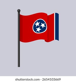 Bandeira do estado de Tennessee acenando contra fundo azul-aço profundo. Ilustração vetorial para projetos editoriais, educacionais e patrióticos envolvendo símbolos estaduais dos EUA e patrimônio do Sudeste