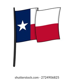 Waving Texas flag with bold outlines vector illustration. Lone Star state symbol on pole isolated on white background. Vector flag design for educational materials, travel guides to Austin or Houston, political graphics, patriotic stickers, and celebrating Texan pride