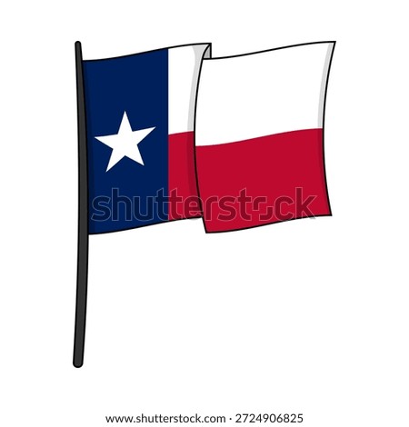 Waving Texas flag with bold outlines vector illustration. Lone Star state symbol on pole isolated on white background. Vector flag design for educational materials, travel guides to Austin or Houston, political graphics, patriotic stickers, and celebrating Texan pride