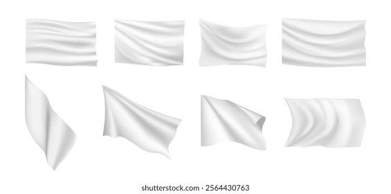 Waving textile cloth on wind, isolated set of realistic flag mockup with copy space. Vector fabric sheet for advertisement, clear folded material for message or announcement, horizontal labels