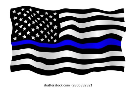Waving Thin Blue Line American flag isolated. Patriotic design with blue stripe and folds. Flat style. Vector illustration