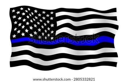 Waving Thin Blue Line American flag isolated. Patriotic design with blue stripe and folds. Flat style. Vector illustration