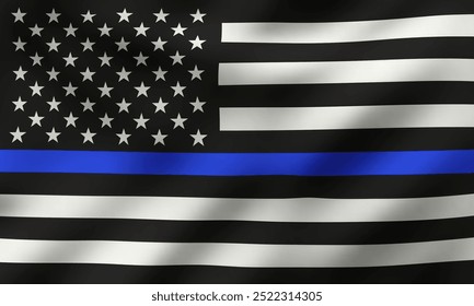 Waving Thin Blue Line US Flag, Vector Illustration