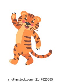 Waving tiger. Cute mascot 2022, zoo vector illustration isolated on white background