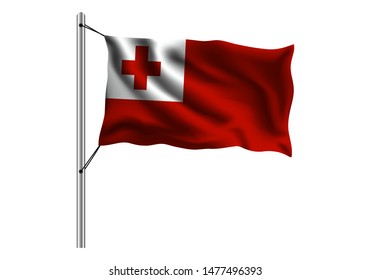 Waving Tonga flag on flagpole on isolated background, flag of Tonga, vector illustration
