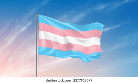 Waving transgender pride flag. Transgender pride flag waving in wind at cloudy sky. Template of banner or poster for Pride Month events. Tolerance and freedom concept.Vector illustration.