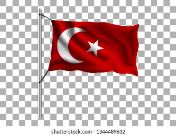 Waving Turkey flag on flagpole on isolated background, Turkish flag, vector illustration

