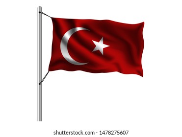 Waving Turkey flag on flagpole on isolated background, flag of Turkey, vector illustration