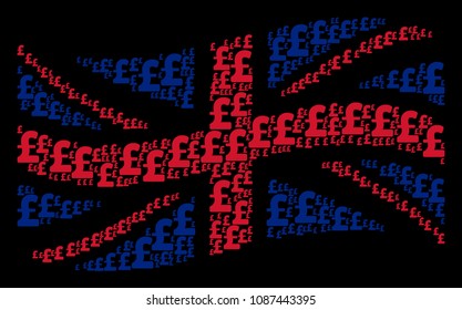 Waving UK flag collage created of Pound Sterling pictograms. Vector Pound Sterling design elements are composed into geometric United Kingdom flag composition.
