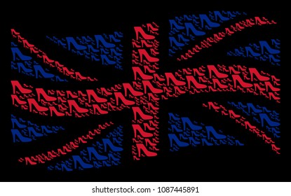 Waving UK flag collage done of lady shoe elements. Vector lady shoe icons are composed into mosaic English flag composition.