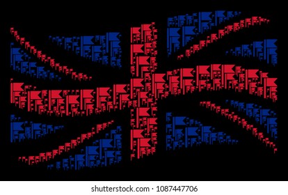 Waving UK flag composition made of flag design elements. Vector flag items are organized into conceptual Great Britain flag abstraction.