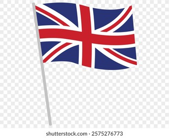 Waving UK flag isolated on a transparent PNG background. Perfect for designs, presentations, or digital projects. High-quality image showcasing the Union Jack in a dynamic, realistic style.