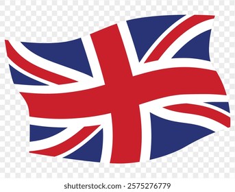 Waving UK flag isolated on a transparent PNG background. Perfect for designs, presentations, or digital projects. High-quality image showcasing the Union Jack in a dynamic, realistic style.