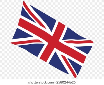 Waving UK flag isolated on a transparent PNG background. Perfect for designs, presentations, or digital projects. High-quality image showcasing the Union Jack in a dynamic, realistic style.