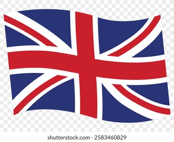 Waving UK flag isolated on a transparent PNG background. Perfect for designs, presentations, or digital projects. High-quality image showcasing the Union Jack in a dynamic, realistic style.