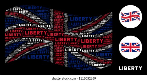 Waving UK flag mosaic constructed of liberty text design elements. Vector liberty texts are formed into geometric Great Britain flag abstraction.