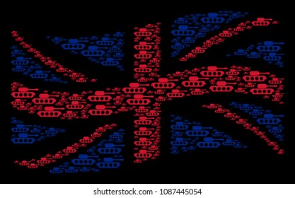 Waving UK flag mosaic created of military tank design elements. Vector military tank pictograms are composed into geometric Great Britain flag illustration.