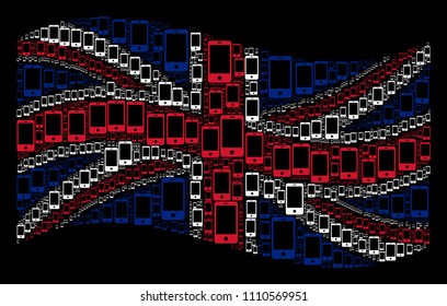 Waving UK flag on a black background. Vector smartphone elements are organized into mosaic Great Britain flag abstraction. Patriotic illustration made of smartphone pictograms.