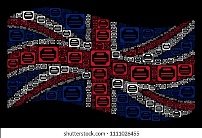 Waving UK flag on a black background. Vector license elements are arranged into geometric UK flag composition. Patriotic composition composed of license design elements.