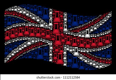 Waving UK flag on a black background. Vector flask items are placed into geometric UK flag composition. Patriotic composition done of flask pictograms.