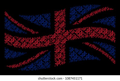 Waving UK flag pattern designed of DNA spiral design elements. Vector DNA spiral design elements are united into geometric United Kingdom flag composition.