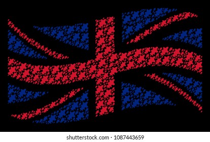 Waving UK official flag composition composed of oak leaf icons. Vector oak leaf design elements are organized into mosaic UK flag collage.