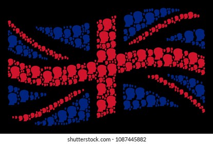 Waving UK official flag composition combined of man head profile icons. Vector man head profile items are combined into geometric United Kingdom flag abstraction.
