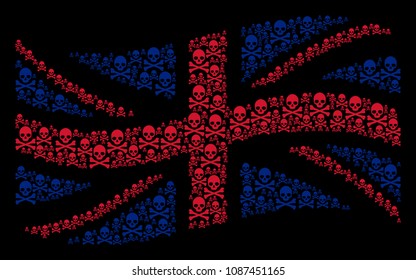 Waving UK official flag composition created of death skull elements. Vector death skull design elements are composed into mosaic British flag illustration.