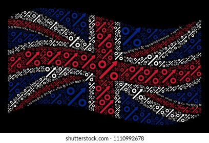 Waving UK official flag on a black background. Vector growing percent icons are grouped into mosaic UK flag composition. Patriotic concept done of growing percent icons.