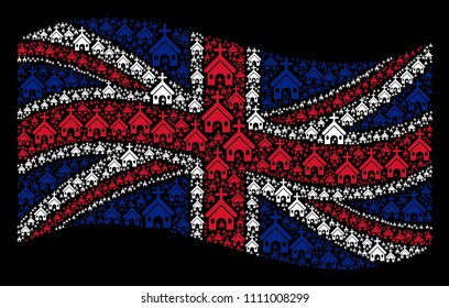 Waving UK official flag on a black background. Vector Christian church icons are formed into geometric Great Britain flag illustration. Patriotic composition organized of Christian church icons.