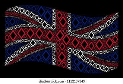 Waving UK official flag on a black background. Vector contour rhombus pictograms are formed into geometric UK flag collage. Patriotic collage composed of contour rhombus icons.