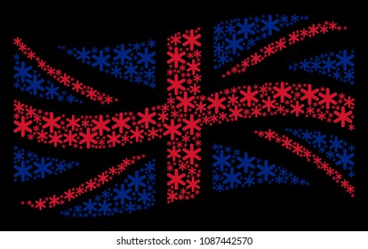 Waving UK official flag pattern combined of snowflake elements. Vector snowflake items are composed into geometric UK flag abstraction.