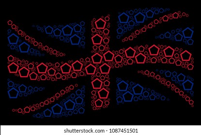 Waving UK official flag pattern constructed of contour pentagon design elements. Vector contour pentagon elements are formed into conceptual United Kingdom flag illustration.