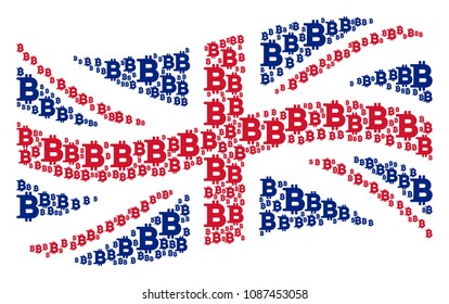 Waving UK official flag pattern organized of Bitcoin icons. Vector Bitcoin pictograms are combined into mosaic English flag illustration.