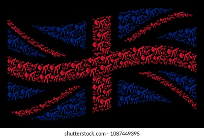 Waving UK state flag collage organized of fart gases pictograms. Vector fart gases pictograms are formed into conceptual United Kingdom flag composition.
