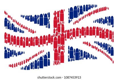 Waving UK state flag collage organized of ammo bullet pictograms. Vector ammo bullet design elements are composed into conceptual UK flag abstraction.