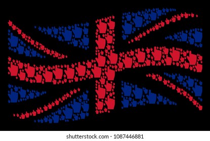 Waving UK state flag composition composed of index finger pictograms. Vector index finger design elements are composed into conceptual United Kingdom flag collage.