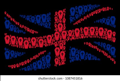 Waving UK state flag composition done of coffin icons. Vector coffin pictograms are organized into geometric Great Britain flag illustration.