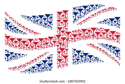 Waving UK state flag concept created of alcohol glass pictograms. Vector alcohol glass pictograms are formed into mosaic British flag composition.