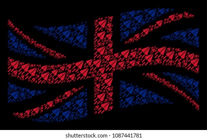 Waving UK state flag mosaic composed of space ship icons. Vector space ship icons are united into mosaic United Kingdom flag abstraction.
